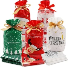 DEAYOU 100 PCS Christmas Drawstring Bags, Santa Wrapping Gift Bags Multicolor 