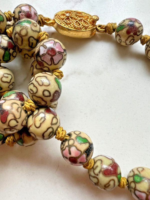 Vintage Chinese Export Cloisonné Enamel & Gold Gilt Beaded 24" Necklace