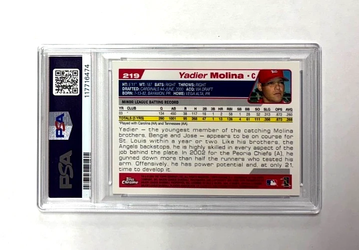 Yadier Molina 2004 Topps Chrome #219 Rookie RC PSA 10 GEM MINT Cardinals - Image 2 of 3