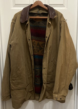 VTG Woolrich Aztec Blanket Lined Chore Coat XL LONG Canvas Tan Leather Trim USA