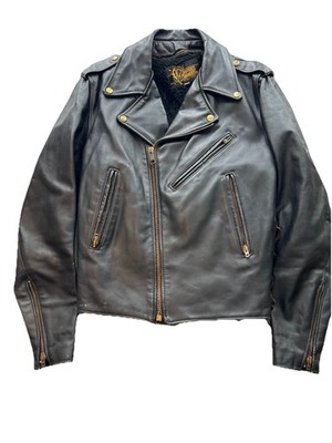 Vintage Branded Garments Thick Leather Motorcycle Jacket USA 42 Black 1970 s