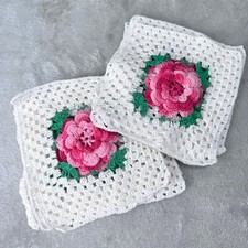 Handmade Crochet 3D Rose Granny Squares Pink White Floral Patches 5x5 Set of 2