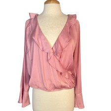 Silky Pink Ruffle Blouse Womens XL Spring Boho Fairy Indie Satin Surplice NWT