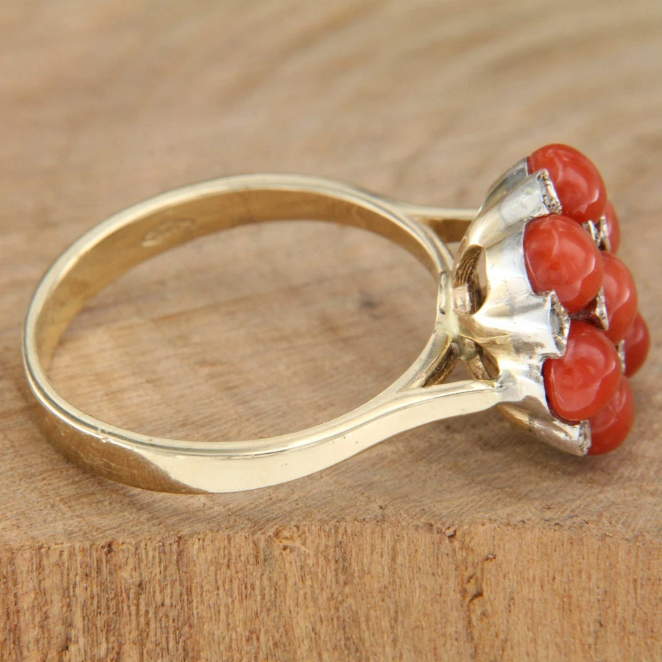 Bague en OR Jaune 14 Carats k CORAIL Cabochon et DIAMANT style Ancienne Femme - Photo 3/4