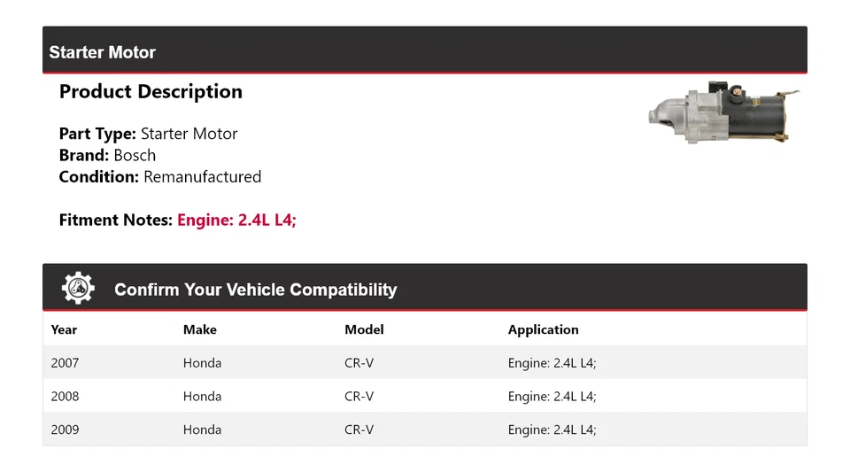 Motor De Arranque Bosch Para Honda CR-V 2007-2009 2,4 L L4 (Remanufacturado) 2008 Foto 2 de 4