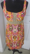MILLY Paisley Gold Metallic Lace Cotton Side Zipper Shift Dress 8 Medium Bronze