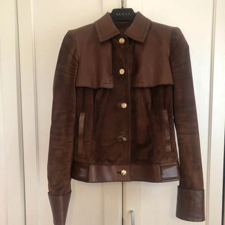 GUCCI Cowhide Suede Jacket Blouson Women Size 40 Logo Emblem Brown From Japan