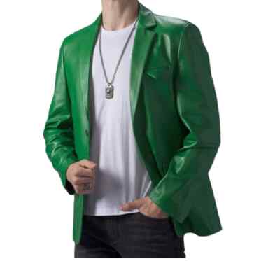 Leather Lambskin Formal Stylish Men's Blazer Green Two Button Handmade Genuine