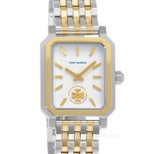 Tory Burch Robinson Womens Two-Tone Gold Silver Watch, White Rectangular Dial