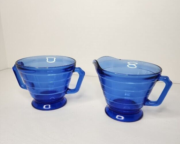Vintage Hazel Atlas Depression Glass Cobalt Blue Creamer and Open sugar Bowl