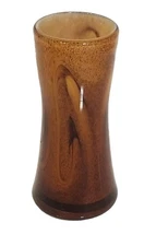 Vintage MCM Hand Blown Art Glass Vase Amber & White Swirls Polished Pontil 6.25”