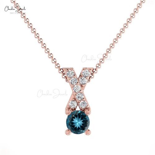 5mm London Blue Topaz X Pendant 14K Gold Diamond Wedding Necklace Gift For Women - Picture 15 of 22