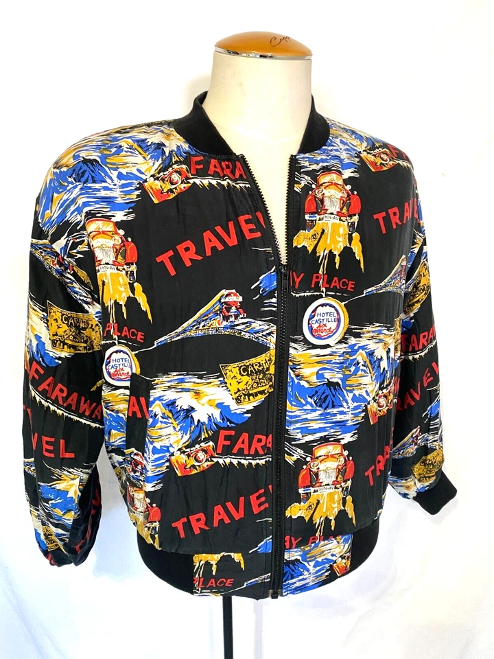 Chaqueta Bomber De Colección Carol Horn Taller Estampado Temático de Viaje Colores Seda Pura Talla S Foto 2 de 4