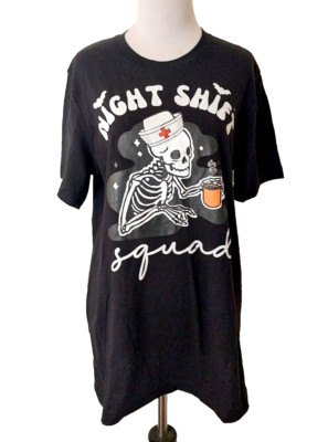 CANVAS T-SHIRT NIGHT SHIFT SQUAD BLACK SKELETON DRINKING COFFEE UNISEX MEDIUM