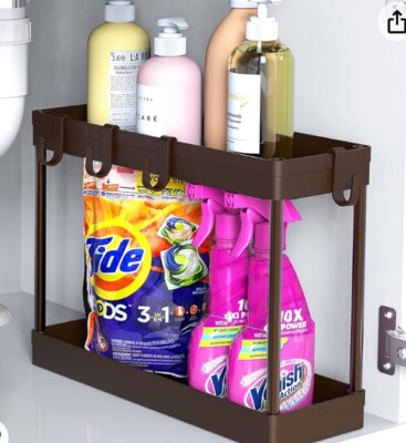 Simple Houseware 2 Tier Under Sink Storage Tray with Hooks Brown Color Easy Use