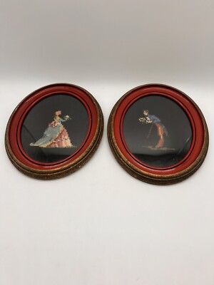 Set Of 2 Needlepoint Cross Stitch Pictures Victorian Couple Oval Frames ...