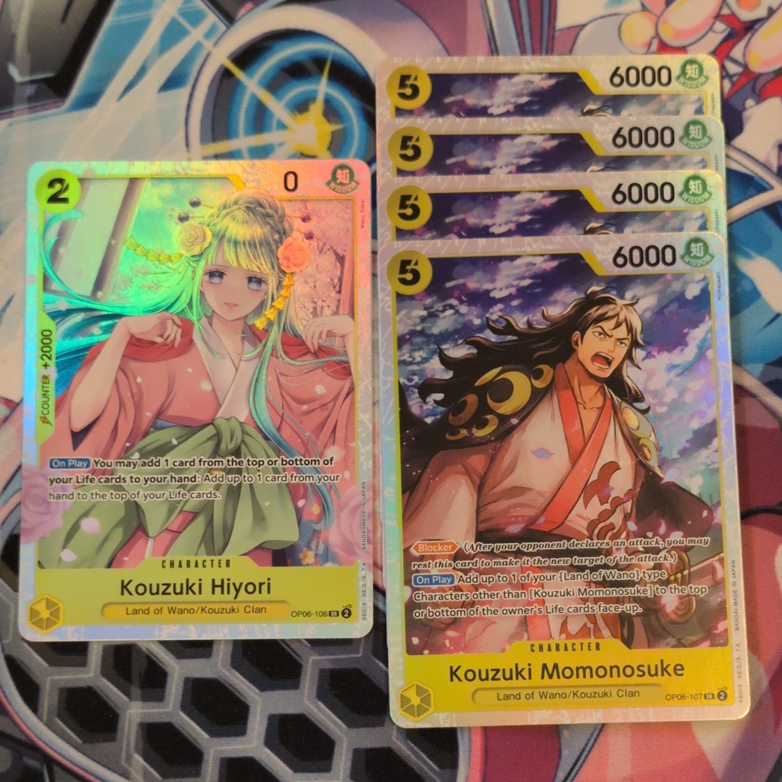 One Piece Kozuki Hiyori SR OP06-106 y 4 x Mononosuke 107 SR Lámina Como Nueva Inglés