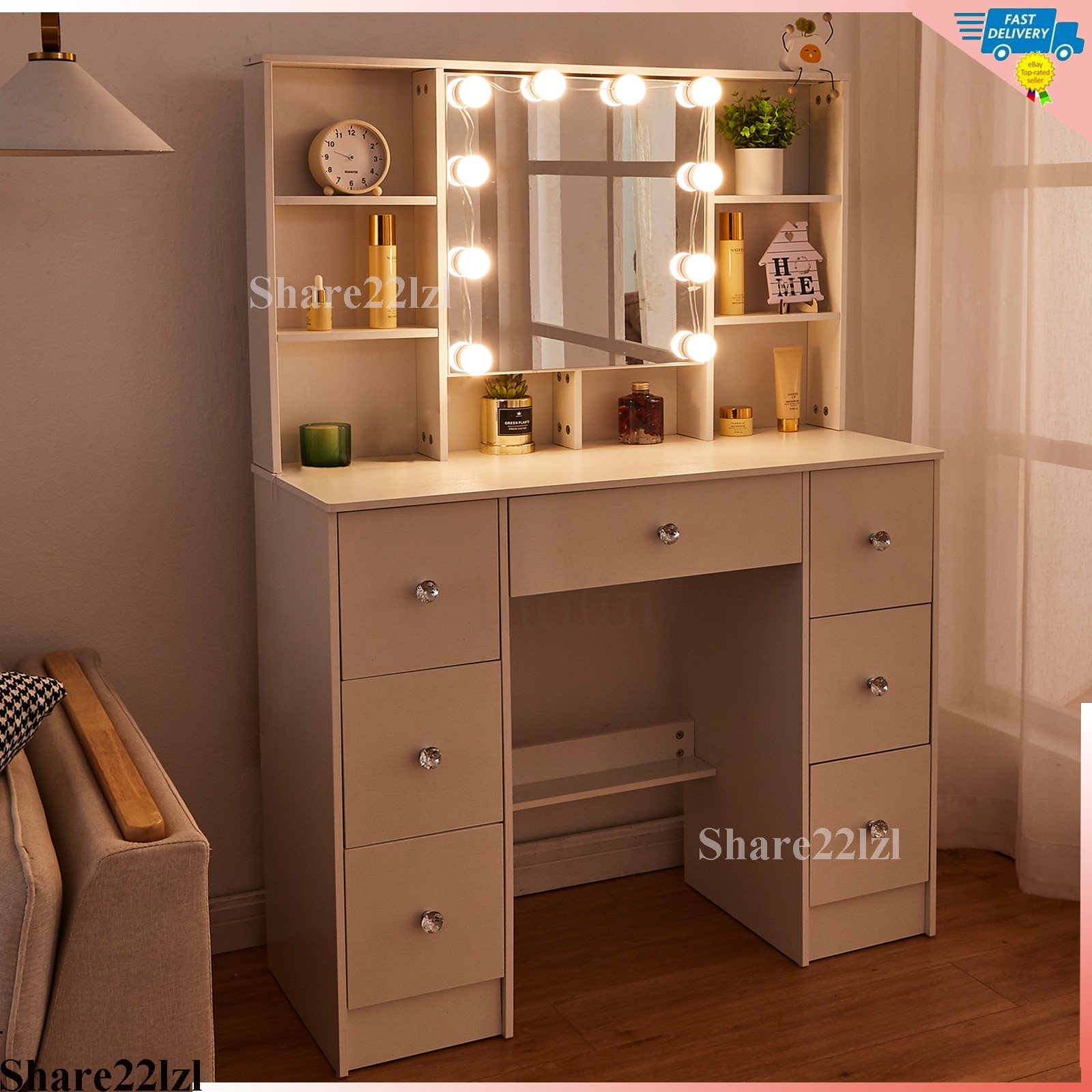 Vanity Set with Led Lights Mirror Makeup Desk Dressing Dresser Table 7 Drawers