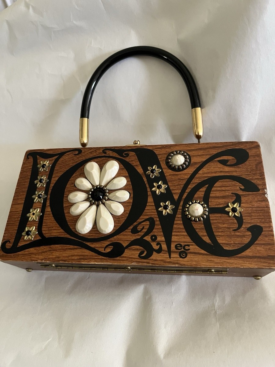 Enid Collins Original 1960s LOVE Box Bag Wooden Handbag Mirror