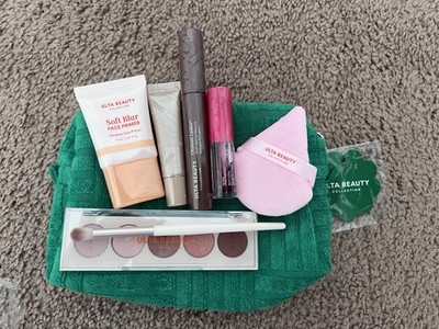 ULTA Beauty Makeup Set with Pink Sponge & Neutral Eyeshadow Palette green bag
