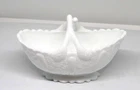 Fenton White Milk Glass Daisy & Button Split Twig Handle Basket Oval