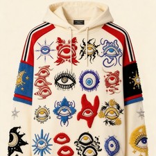 Mens Evil Eye Embroidered Hoodie Cream Pullover