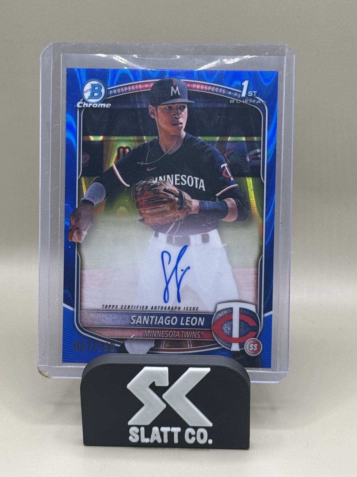 2025 Bowman Chrome Santiago Leon 1st Bowman Auto Blue Raywave /150 CPA-SL Twins