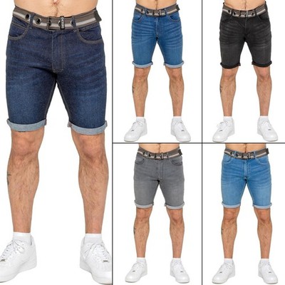 Enzo Herren Denim Shorts Enganliegend Stretch Zip Fly Freizeit mit Gürtel Halb
