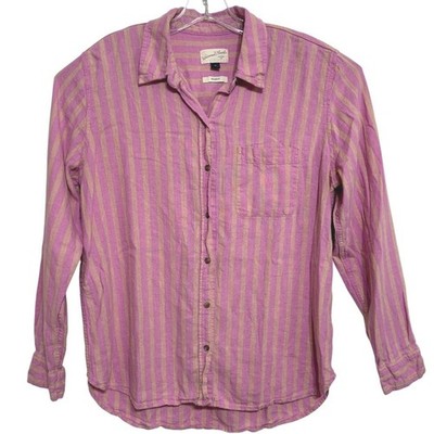 Universal Thread Button Down Shirt Womens Pink Tan Stripe Linen Beachy Boho M