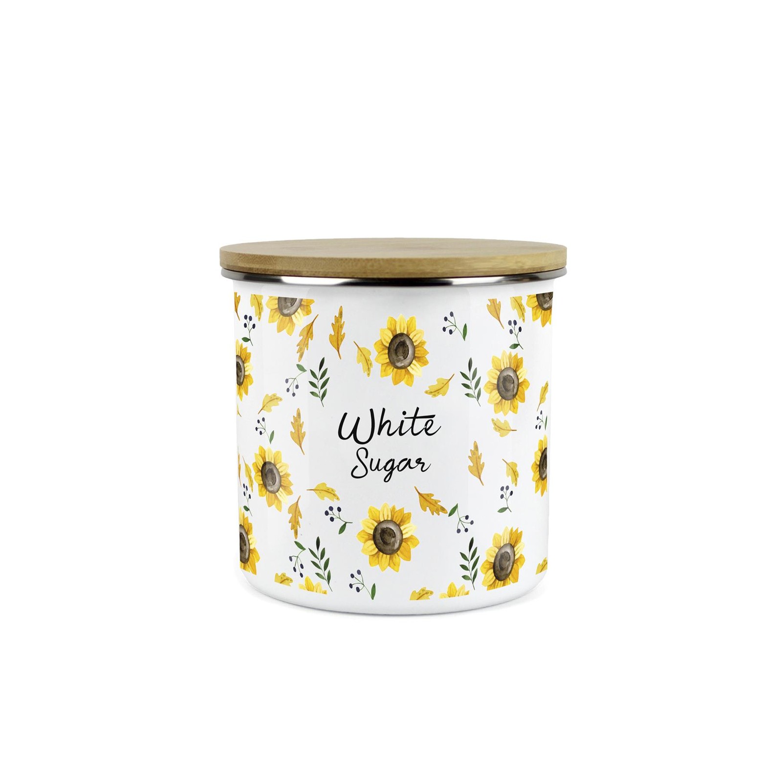 Sunflowers White Sugar Canister - Yellow Floral Enamel Kitchen Storage Jar Gift