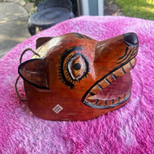 Guatemalan Hand-Carved Hand-Painted Wooden Dog Mask w/ Rope Hanging Loop