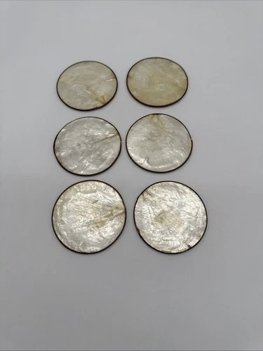 6 VTG Mother Of Pearl Capiz Shell Coaster Set w Cork Backs Golden Rim Handmade