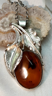 925 Silver Pendant Statement With Amber & Pea Chain 925 Silver 50cm Long