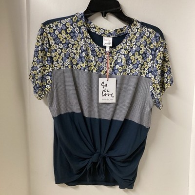 Belle Du Jour Women Top Sz L Floral Print Yolk Striped Chest Twisted Knot Hem