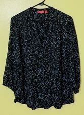 ELLE Women's 3/4 Sleeve V-Neck Pullover Blouse BLACK W/WHT/BLUE/GRAY DOTS Size L
