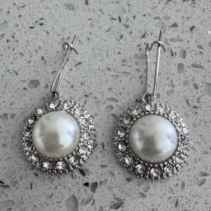 Silver Tone Imitation Pearl & Crystal Rhinestone Halo Dangle Drop Earrings, Hook