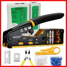 Compact RJ45 Pass-Through Crimper with Cable Tester and 50 Connectors Included