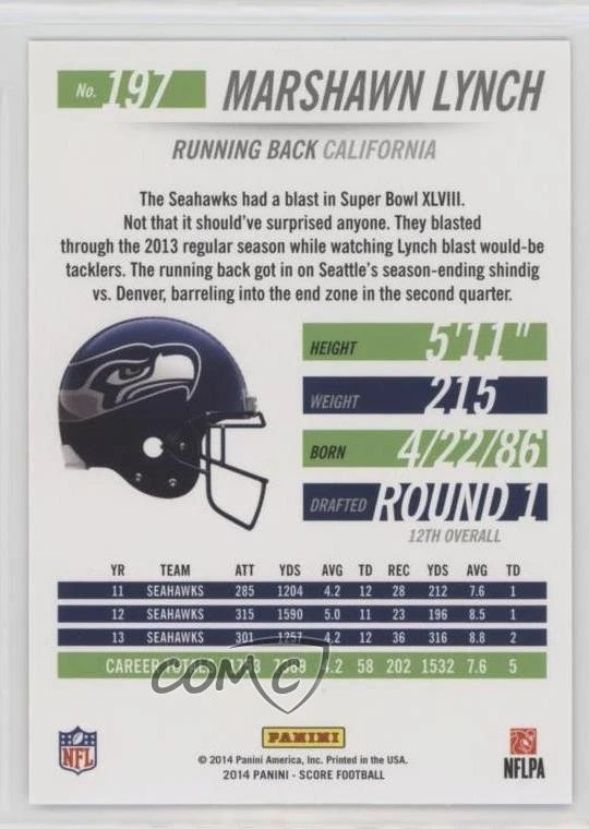 2014 Panini Hot Rookies Showcase /79 Marshawn Lynch #197 - Image 2 of 2