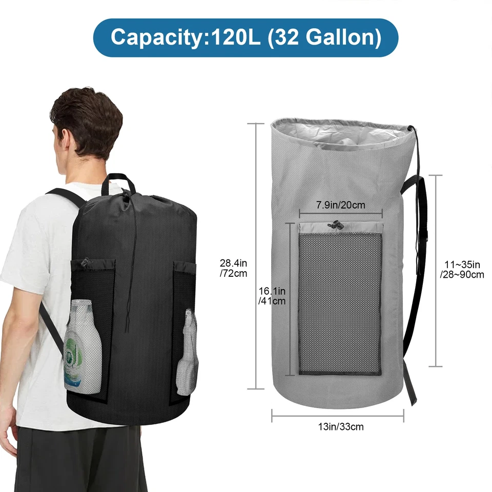 Mochila bolsa de lavandería grande de alta resistencia 32 galones con correas ajustables 2 bolsillos de malla Foto 2 de 4
