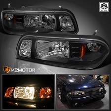 Fits 1987-1993 Ford Mustang Black Headlights W Corner Parking Lamps 89-93 Pair