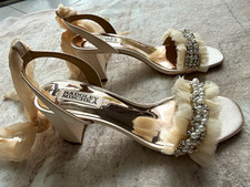 Badgley Mischka Ivory Satin Strappy Open Toe Ankle Tie Pearls Rhinestones 6