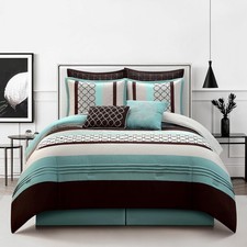 Bedding Striped Pintuck 8-Piece Comforter Set, Aqua Brown, Queen Size, Matchi...