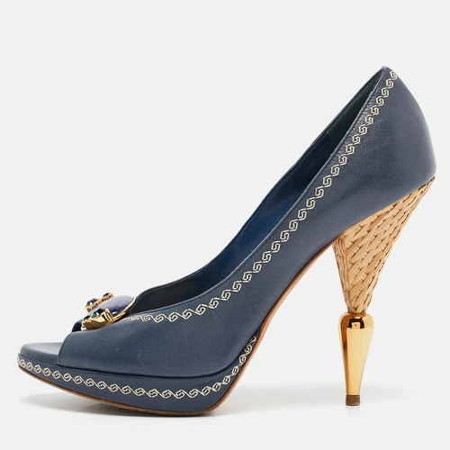 Escarpins Dior cuir bleu marine bout ouvert talon raphia pointure 38,5