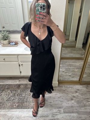 Black Silk Open Ceremony Dress With Ruffle Detail And Asymmetrical Hem