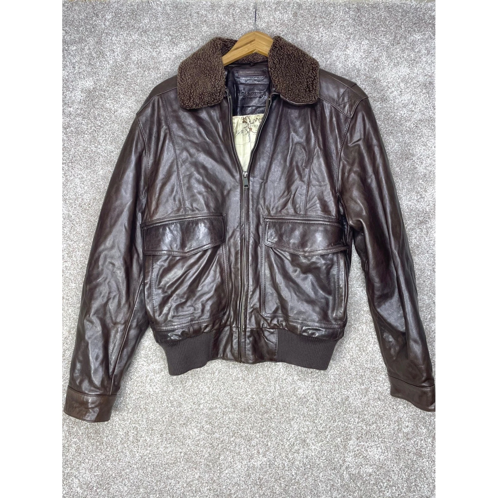 Roundtree & Yorke Lambskin Leather Bomber Jacket Mens S Brown Aviator Fur Moto - product detail image 1