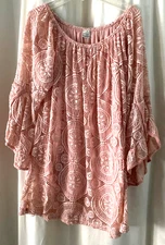 Win Win Full Lace Tunic Women's L-XL Bell Sleeves Peach Color Lined Boho Chic