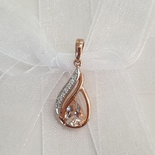 9ct Rose Gold Pear Cut Morganite and 6 Diamond Pendant *VIDEO* As New Condition - Picture 10 of 23