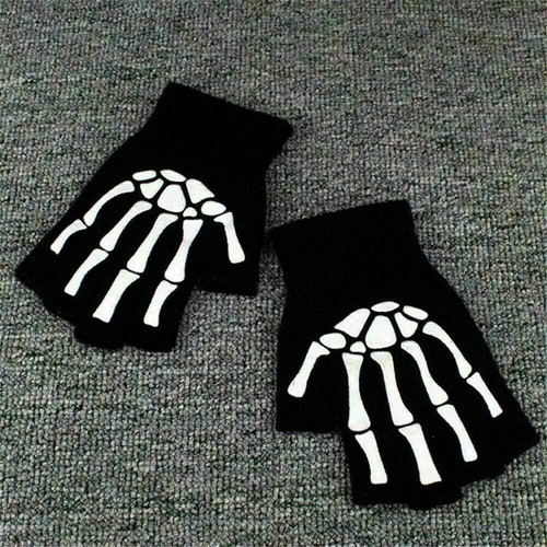 Gothic Knitted Black with White Skeleton Bones Fingerless Sale Gloves P HOT - Picture 3 of 9