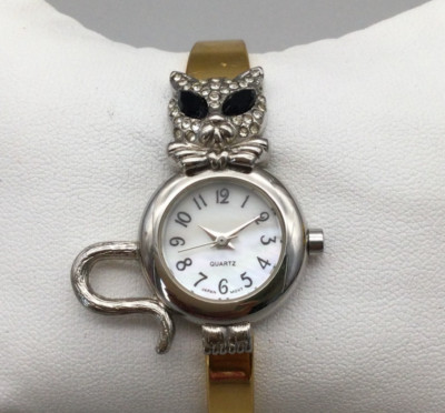 Avon Cat Watch Women 31mm Silver Gold Two Tone Hinged Cuff New Battery 6.25''