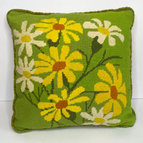 Vtg Throw Pillow Needlepoint Daisy Flowers Yellow White Green Velvet 13 x 13